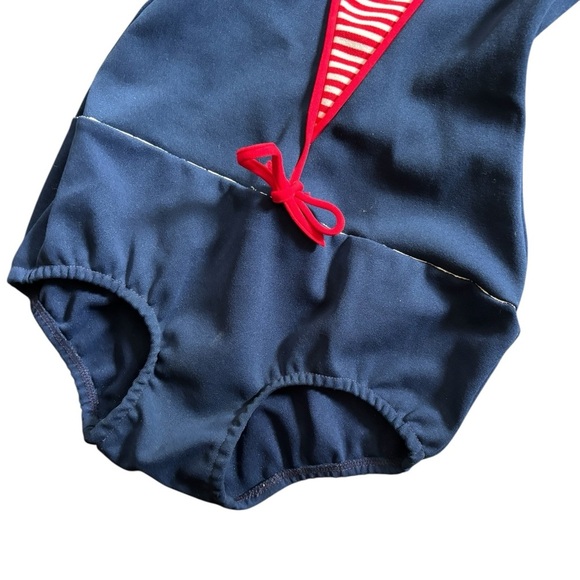 VTG 1960’s One Piece Knit Swimsuit Navy Red Sz 6/8 M Built in Bra Scoop Back - Picture 3 of 8